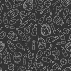 Obraz premium vector hand drawn witch bottles seamless pattern on the dark gray background. Black outline of potions, elixirs and vials. Chalkboard imitation.