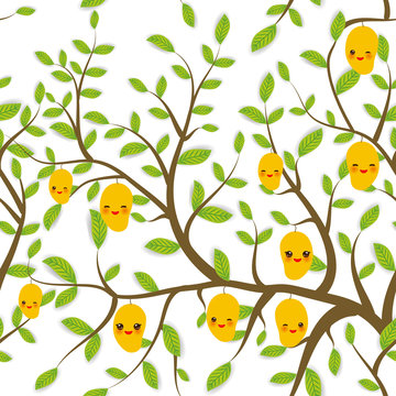 seamless pattern Brown branches with green leaves, yellow mango fruits Kawaii funny muzzle with pink cheeks and winking eyes, pastel colors on white background. Vector