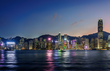 Panoramic cityscape of Central District, Hong Kong. Scenery view from Victoria Harbor.