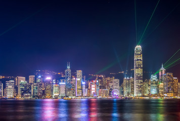 Fototapeta premium A Symphony of Lights show in Hong Kong. Cityscape panorama view from Victoria Harbour.