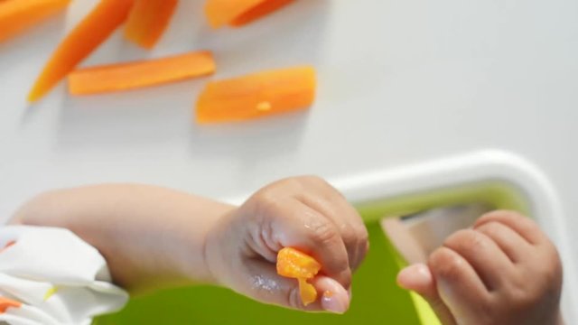 Baby holding carrot, baby led weaning