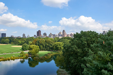 Huge green lawn in Central Park with trees, bushes and the towers of The Eldorado building on 300 Central Park West