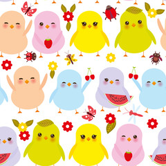 seamless pattern. Kawaii colorful blue green orange pink yellow chick with pink cheeks and winking eyes, pastel colors on white background. Vector