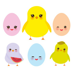 Kawaii colorful blue green orange pink yellow egg and chick with pink cheeks and winking eyes, pastel colors on white background. Vector