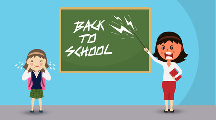 angry teacher with anger and scream standing with pointer and crying girl