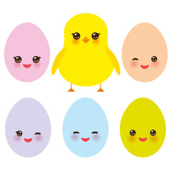 Kawaii colorful blue green orange pink yellow egg and chick with pink cheeks and winking eyes, pastel colors on white background. Vector