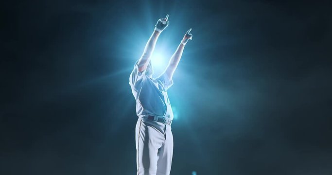 Baseball player is happy on foggy background