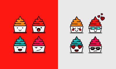Set of Cute Frozen Yogurt Cups Line Icons