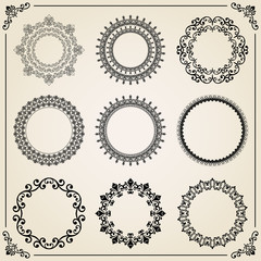 Vintage set of round elements. Different elements for decoration and design frames, cards, menus, backgrounds and monograms. Classic patterns. Set of vintage patterns