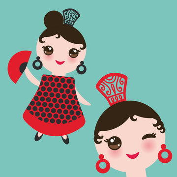 Spanish flamenco dancer card design, banner template. Woman Kawaii cute face with pink cheeks. Gipsy girl, red black dress, polka dot fabric, blue background banner template, card design. Vector