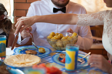 Banquet lunch break at conference meeting. Assortment of food and beverage.