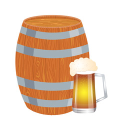 Oktoberfest . wooden barrel and glass of beer isolated on a white background. Cartoon. Vector.