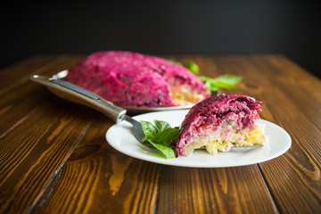 layered pastry salad with herring and beetroot