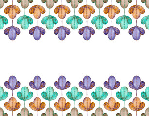 Abstract foliage horizontal seamless border. The original pattern with colorful leaves. Watercolor background.