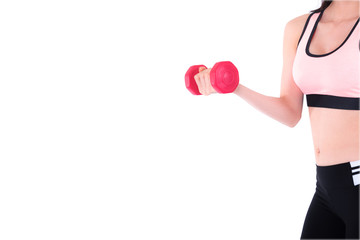 Fototapeta premium Closed up of Beautiful brunette Young thoughtful fit woman doing exercises with red dumbbells isolated on white ,with copy space.Healthy sport fitness concept