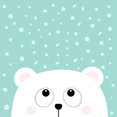 Polar white little small bear cub head face looking up to snow flake. Big eyes. Cute cartoon baby character. Arctic animal collection. Flat design Winter blue background Isolated.