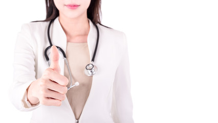 Closed up of Happy asian female doctor with thumbs up gesture.Professional woman doctor with stethoscope isolated on white, copyspace,selective focus on finger.Gesture,health care and medicine concept