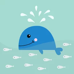Printed kitchen splashbacks Whale Blue whale with fountain. School of fish herring Sea ocean life. Cute cartoon character Eyes, tail, fin. Smiling face. Kids baby animal collection. Flat design Water background