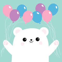 Polar white small little bear cub holding balloon set. Cute cartoon baby character icon. Arctic animal collection. Flat design Blue background Isolated.