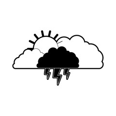 clouds with lightnings and sun in black section silhouette on white background