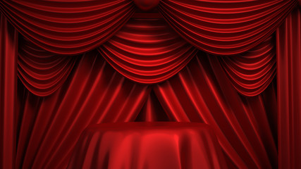 Beautiful, abstract background with curtain fabric, drape, pedestal, banner, frame. 3d illustration, 3d rendering.
