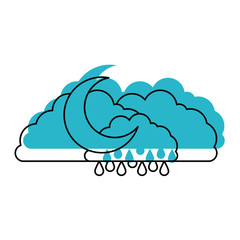 clouds with rain and half moon in blue watercolor silhouette on white background