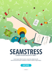 Tailor and seamstress banner. Sewing kit. Needlework, handmade. Dressmaking concept.