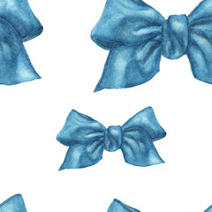 Blue bows background. Seamless pattern with bows on a white background. Watercolor painting.