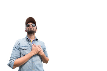 Man put his hand on chest,Man is delighted in success. Thanksgiving, prayer,greeting, courtesy,...