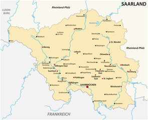 Map of the state of Saarland with the most important cities in german language