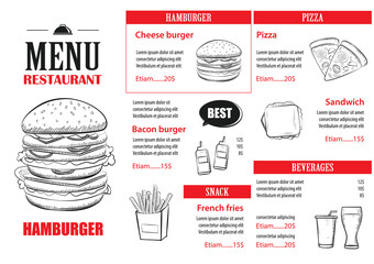 Fast food menu design template. Restaurant or cafe hamburger cover hand drawn background.