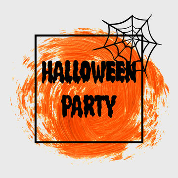 Halloween Party sign text over orange brush paint abstract background vector illustration. Halloween poster, invitation or banner.