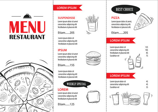 Fast food menu design template. Restaurant or cafe pizza cover hand drawn background.