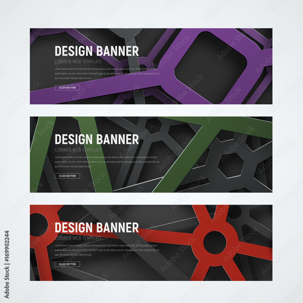 Poster design of horizontal web banners with intersecting geometric shapes in the air on the background