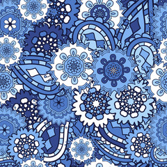 Bright seamless  pattern with   leaves and  flowers. Multicolor texture, detailed Doodles