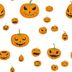 Seamless halloween pattern with carved pumpkinst. Jack-o-lantern. Vector illustration, isolated on white background. Fabric print design.
