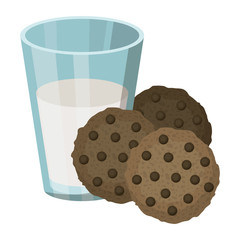 chocolate chip cookies with glass of milk in colorful silhouette on white background