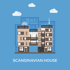 Modern apartments for rent and living in scandinavian style. Multi storied city house. Urban house in europe town scene. Helsinki family building. Ecological home.