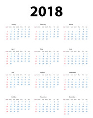 Calendar 2018. Week starts from Sunday. Vector Illustration