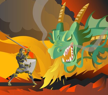 fantasy knight fighting a green fire breathing dragon