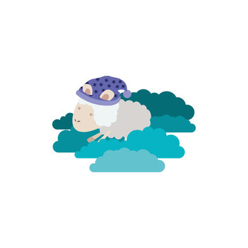 sheep animal with sleeping cap into the clouds in colorful silhouette on white background