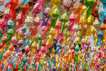 Fototapeta na wymiar Colorful paper lantern decoration for traditional temple festival in north of Thailand