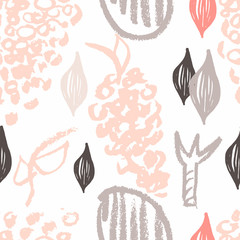 Hand drawn abstract seamless vector pattern. Fruits and brush strokes.