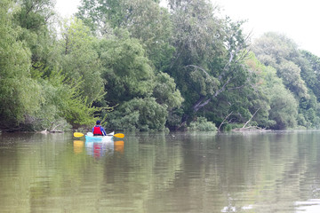 Man in blue kayak in red life jacket kayaking in wild Danube river on biosphere reserve in spring