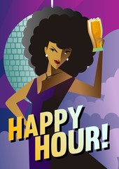 happy hour beautiful african afro woman toasting with beer