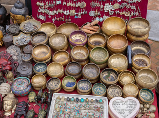Singing bowls and handicraft souvenirs at Old Market, Kathmandu, Nepal