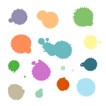 Vector set of colorful ink splash, blots and brush strokes, isolated on the white background. Series of vector splash, blots, brush strokes and elements for design.