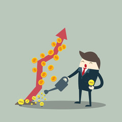 Businessman is watering a tree of money with idea lamp. Increase revenue, investment