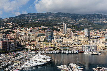 Fototapeta na wymiar Panoramic view of the port in Monte Carlo, Monaco. Principality of Monaco is a sovereign city state, located on the French Riviera