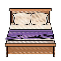 bed wooden with blanket and pair pillows in color crayon silhouette on white background